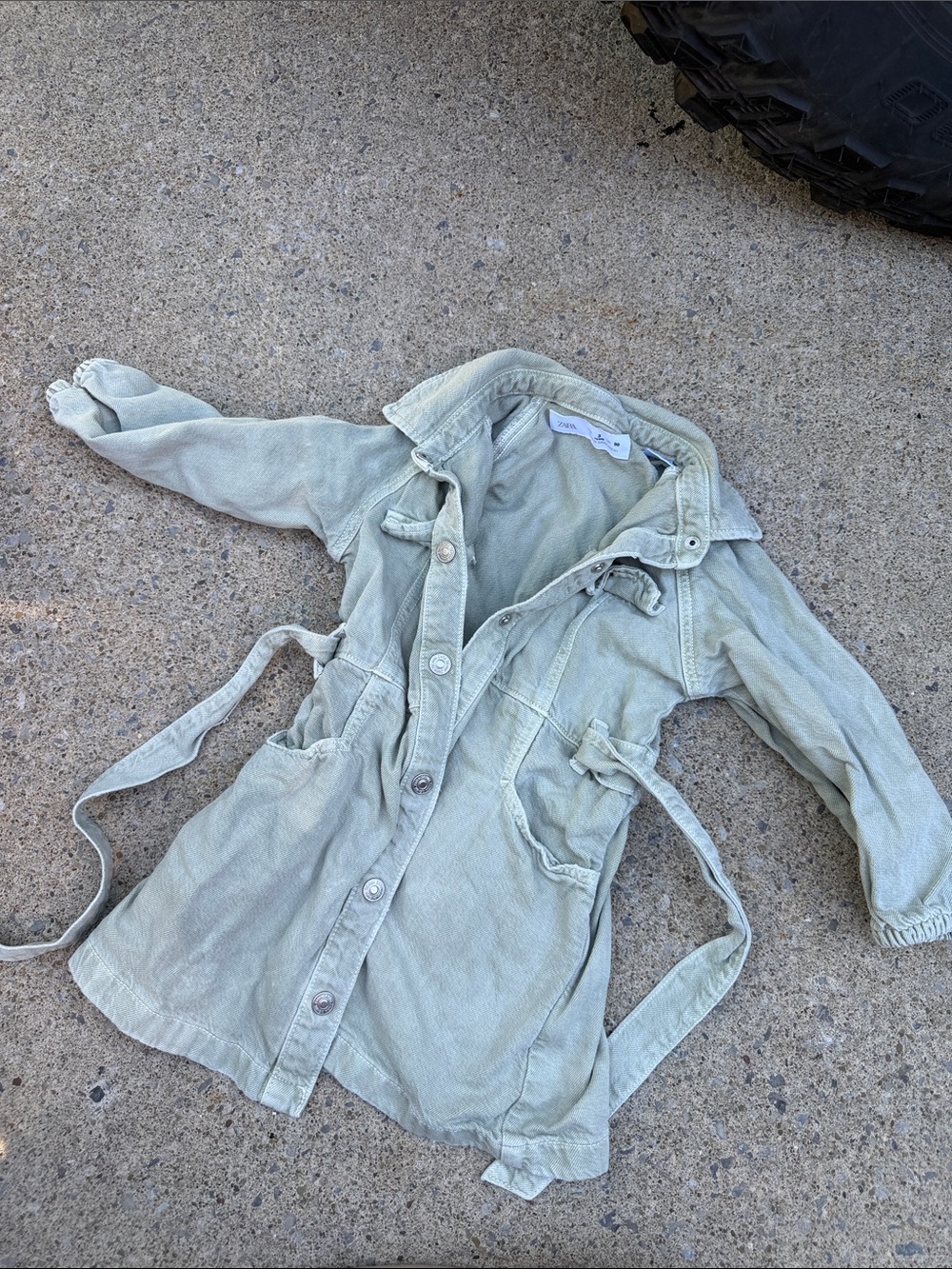 Zara Light Sage Utility Jean Jacket with Waist Tie